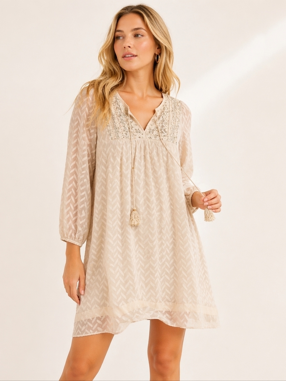 OS Beige Dress with Lace Detailing And Tassels, Size S
